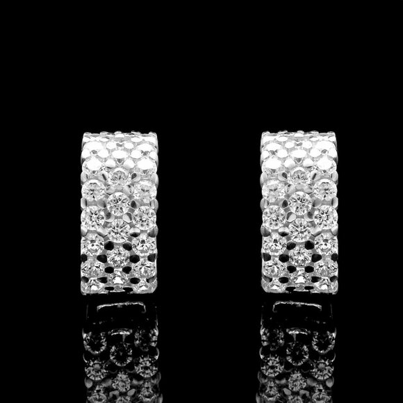 Real 14k Solid White Gold Huggie Earrings 3-Row Cluster Pave Small- 6x11mm
